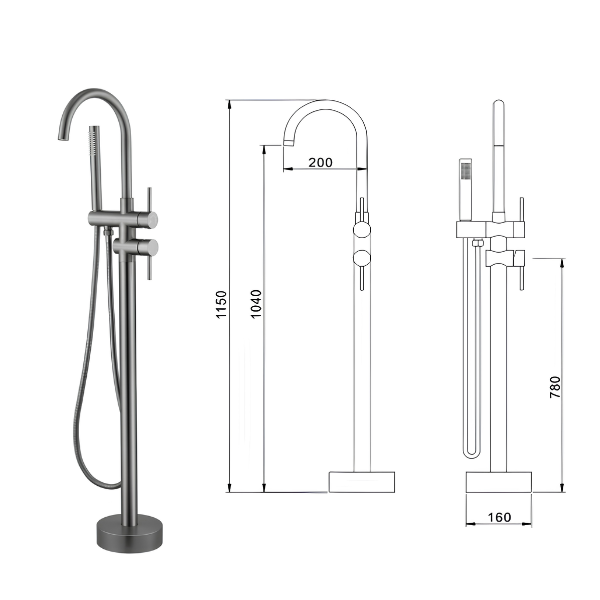 Arris Infinity ars-73217-GM 1150mm Gunmetal Floor-Standing Bath Mixer Tap with Hand Shower