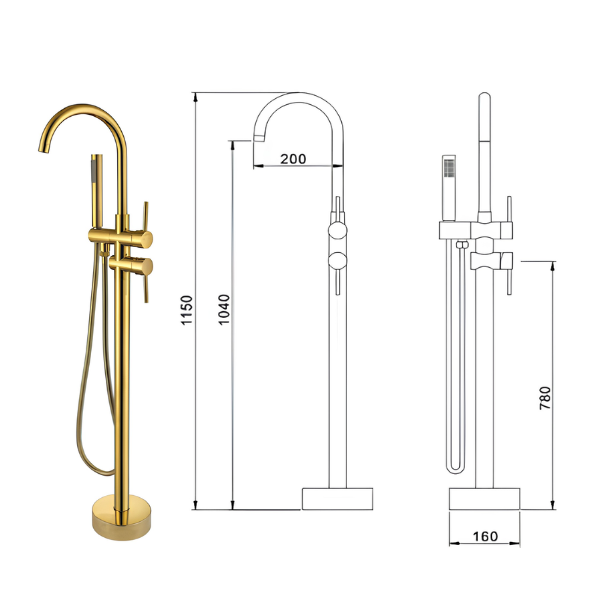 Arris Infinity  ars-73217-G 1150mm Gold Floor-Standing Bath Mixer Tap with Hand Shower