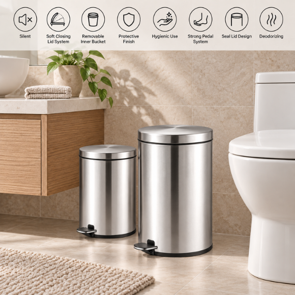Saniware Stainless Steel Pedal Dustbin 12L / 20L Soft Closing Lid Removable Inner Bucket Tong Sampah Bathroom Kitchen Office Waste Bin