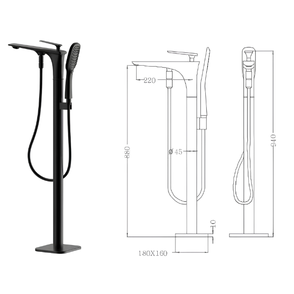 Arris Infinity ars-0238-B 940mm Black Floor-Standing Bath Mixer Tap with Hand Shower