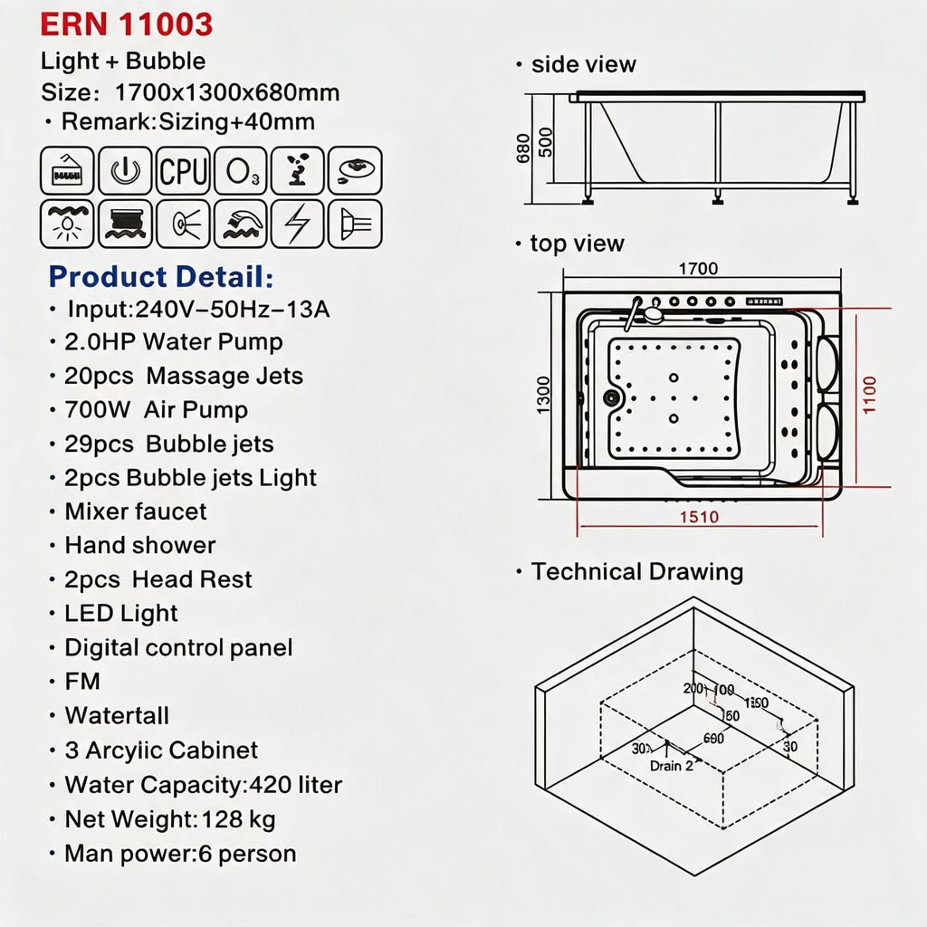 Eurano ERN 11003 Luxury 5-Person Whirlpool Bathtub Jacuzzi Tub with Massage Jets, LED Lights, and FM Radio