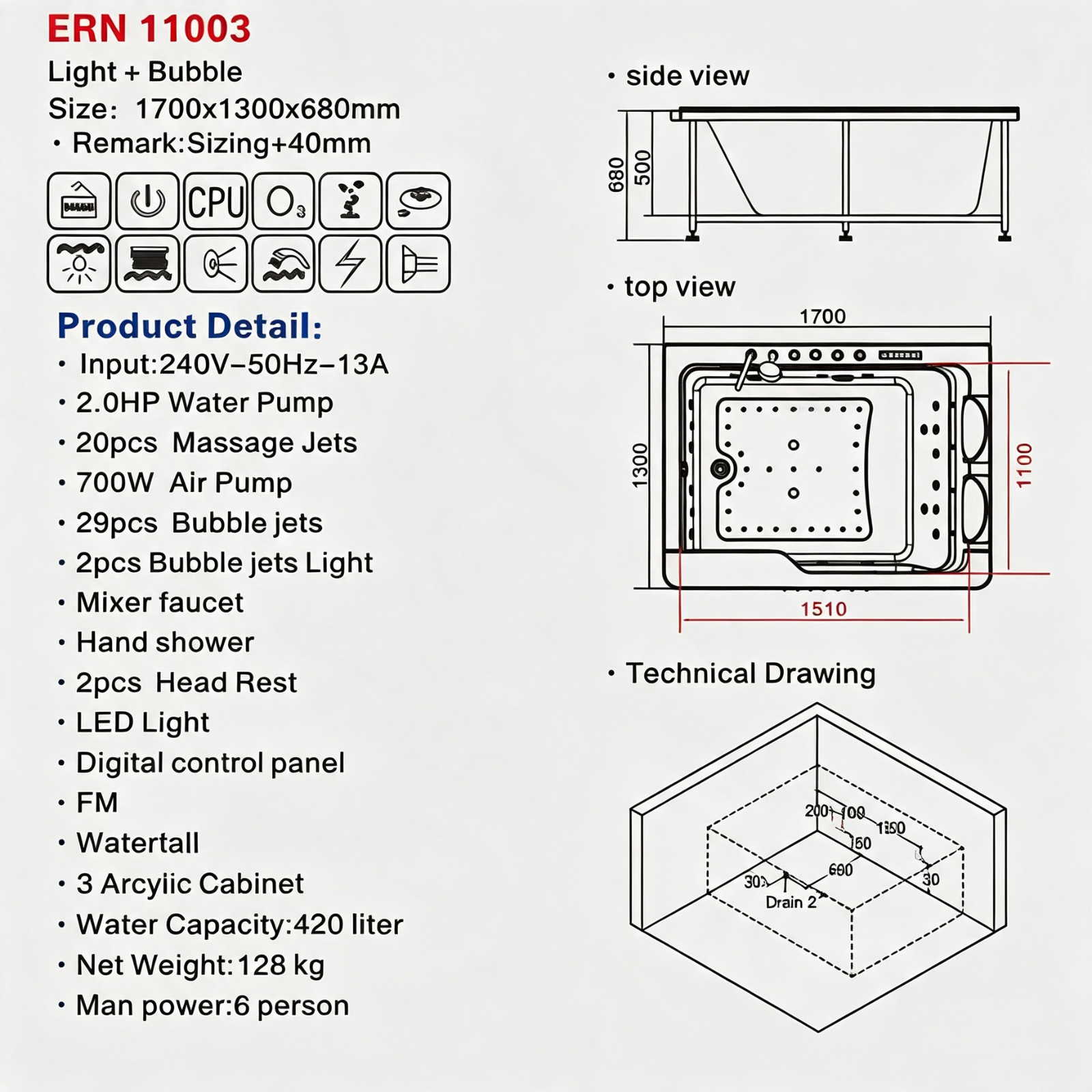 Eurano ERN 11003 Luxury 5-Person Whirlpool Bathtub Jacuzzi Tub with Massage Jets, LED Lights, and FM Radio