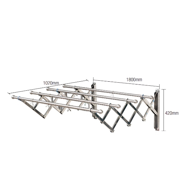Saniware SW‑CH43518‑SS Stainless Steel Retractable Clothes Hanger 1800 (L) × 1020 (W) × 420mm | 4‑Tube Wall‑Mounted Drying Rack