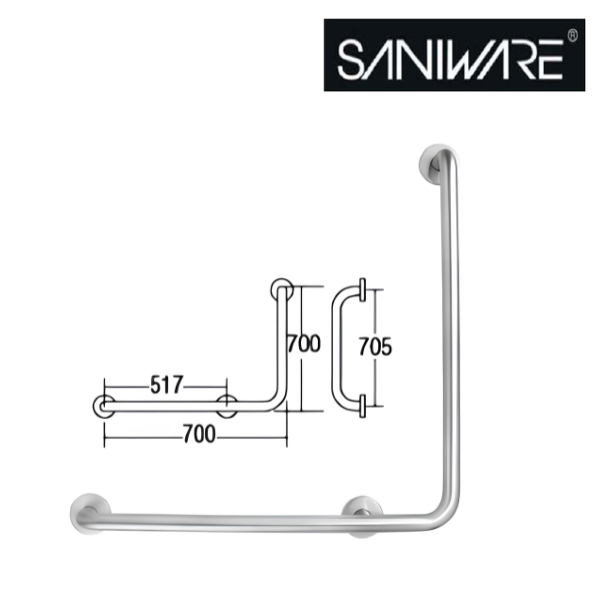 Saniware SWP-SS-304-GB-700L SUS304 Stainless Steel L-Shape Grab Bar Left Wall Mounted Bathroom Safety Support Handle 700 x 700 x Ø32mm for Elderly Disabled Toilet Shower