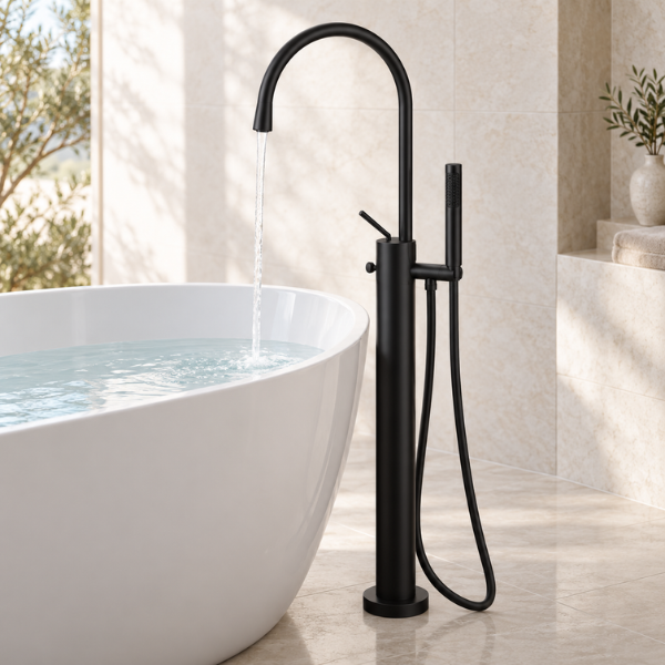 Arris Infinity ars-73006-B Black Floor-Standing Bath Mixer Tap with 360° Swivel Spout and Hand Shower