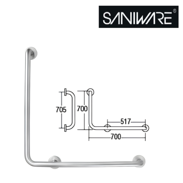 Saniware SWP-SS-304-GB-700R SUS304 Stainless Steel L-Shape Grab Bar Right Wall Mounted Bathroom Safety Support Handle 700 x 700 x Ø32mm for Elderly Disabled Toilet Shower