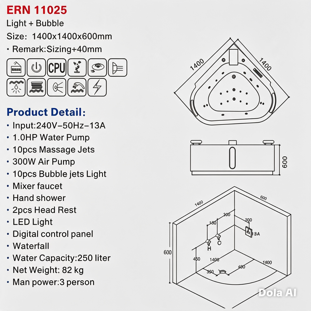 Eurano ERN 11025 Premium Whirlpool Massage Bathtub Light + Bubble Therapy 1400x600mm