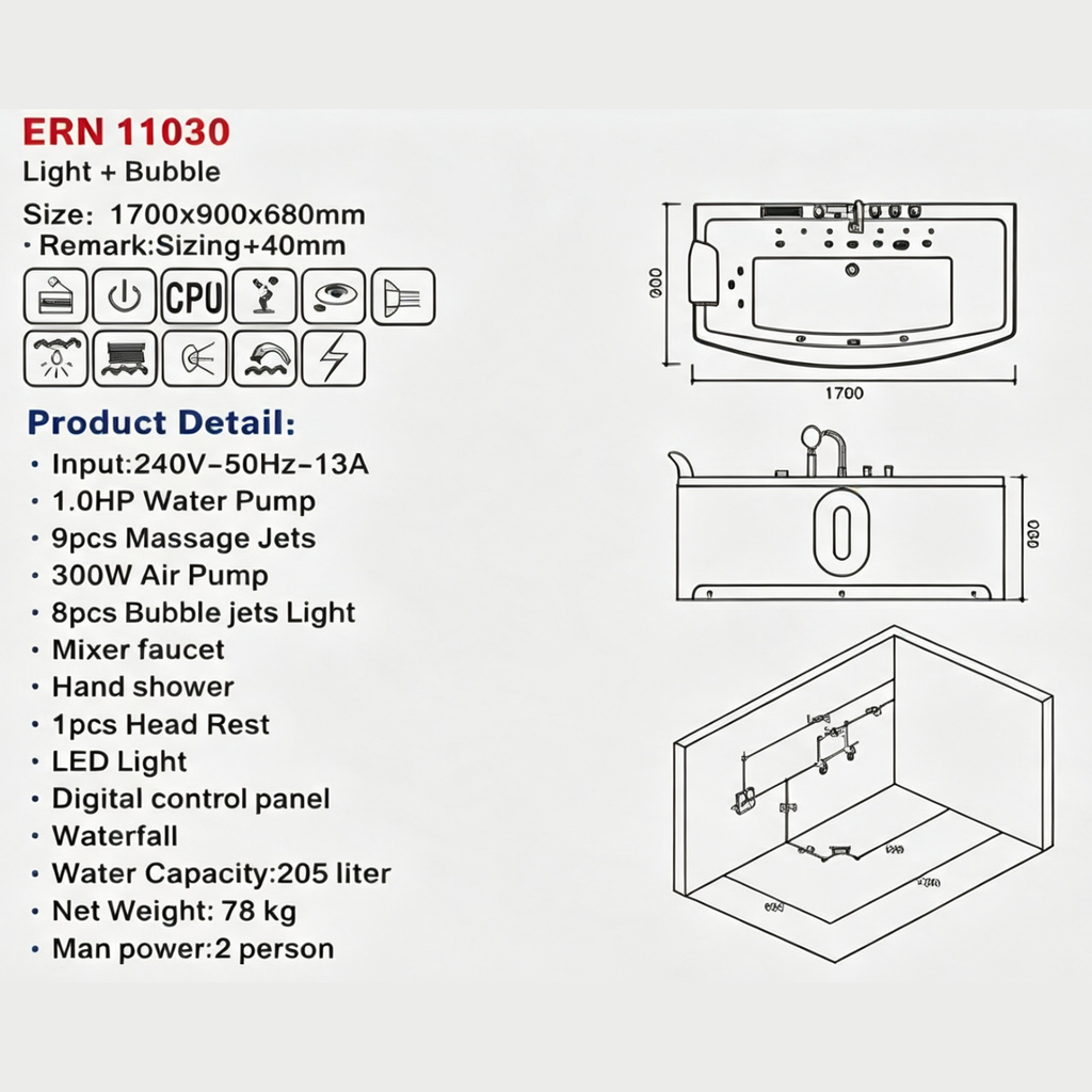 Eurano ERN 11030 Premium Whirlpool Bathtub 2-Person Spa Tub with LED Lights, Air & Water Massage, Hand Shower & Waterfall