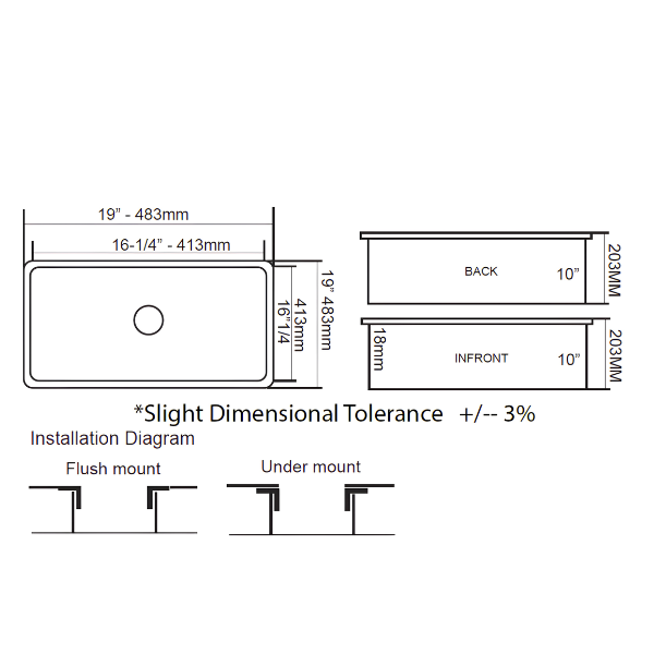 Cavarro CL191908 483 × 483mm White Fireclay Square Single Bowl Kitchen Sink Flush Mount or Undermount Ideal for Compact Kitchens