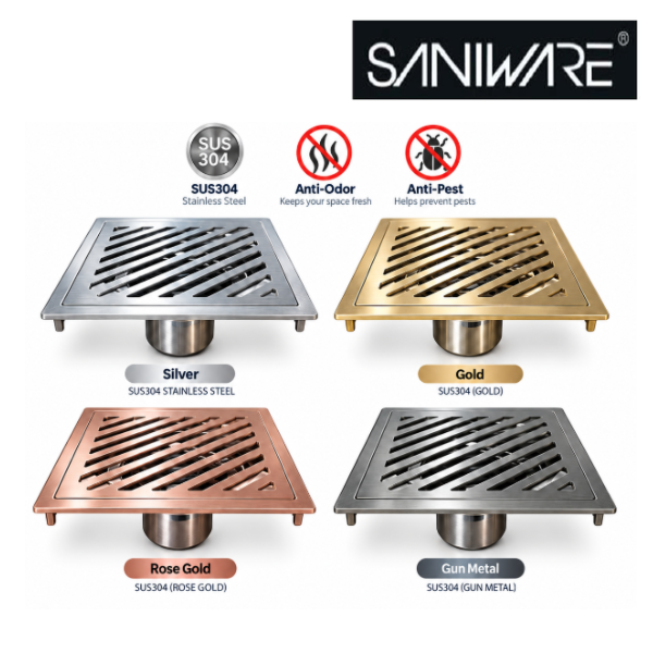 Saniware SUS304 150 x 150mm Square Floor Trap Grating Bathroom Shower Drain Cover Anti-Odour Anti-Pest – Silver / Gold / Rose Gold / Gun Metal