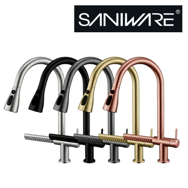 Saniware SWP‑SS‑304‑3970 Stainless Steel Flexible Hose Kitchen Pillar Sink Tap with Waterfall Spout