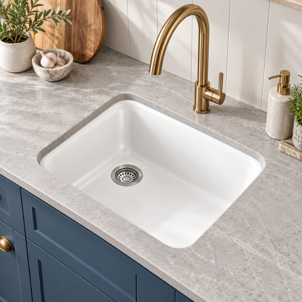 Cavarro CL191908 483 × 483mm White Fireclay Square Single Bowl Kitchen Sink Flush Mount or Undermount Ideal for Compact Kitchens