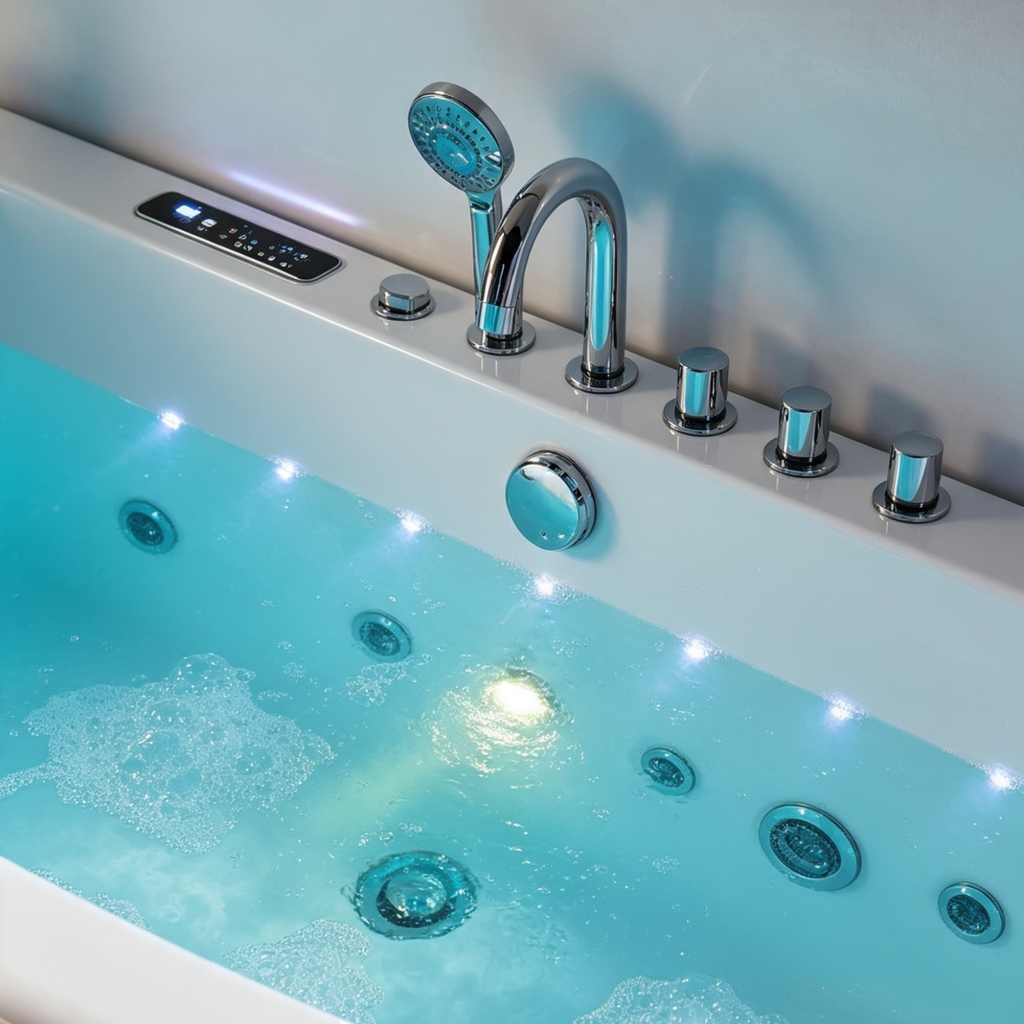 Eurano ERN 11030 Premium Whirlpool Bathtub 2-Person Spa Tub with LED Lights, Air & Water Massage, Hand Shower & Waterfall