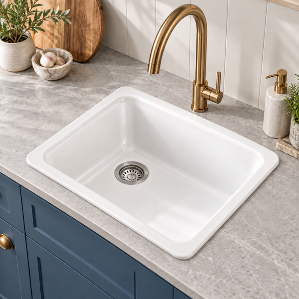 Cavarro CL191908 483 × 483mm White Fireclay Square Single Bowl Kitchen Sink Flush Mount or Undermount Ideal for Compact Kitchens