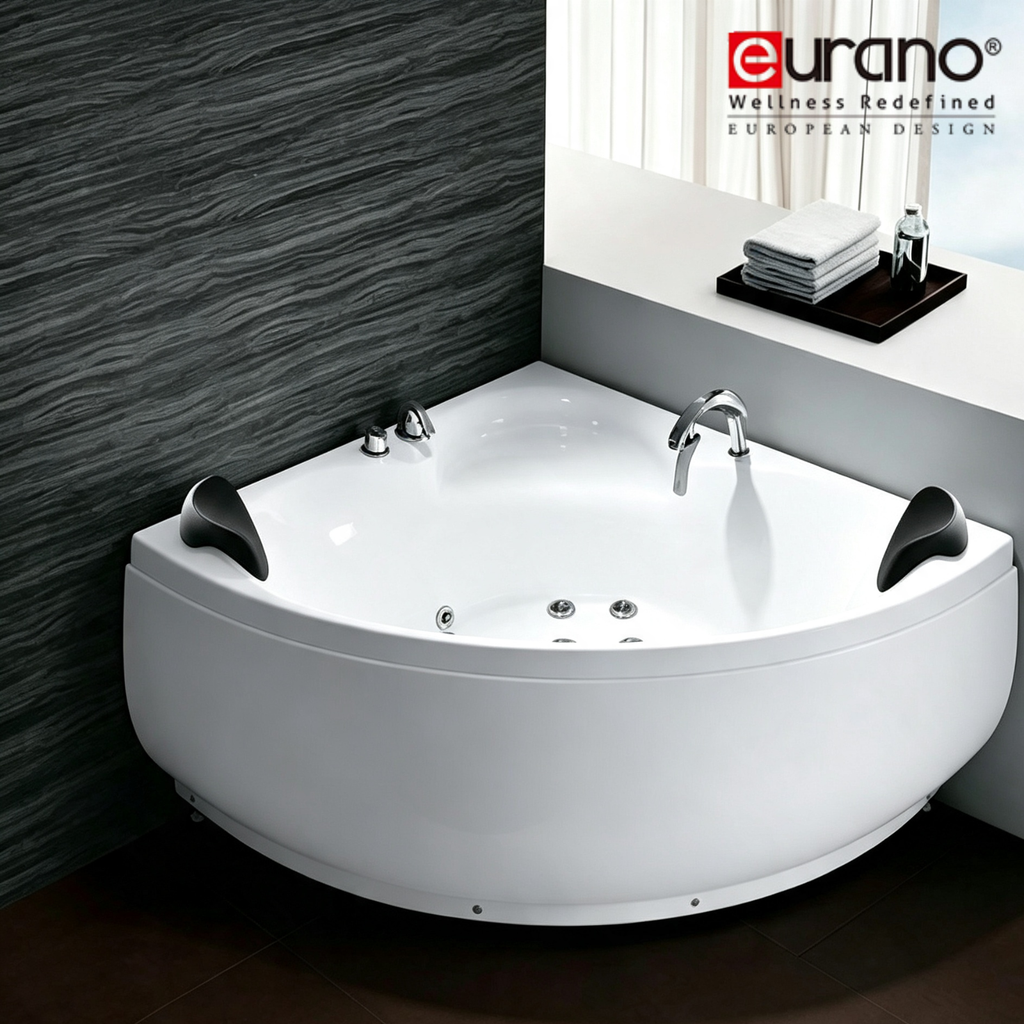 Eurano ERN 11309 Corner Whirlpool Bathtub 2-Person Spa Tub with Massage Jets, LED Lights & Hand Shower