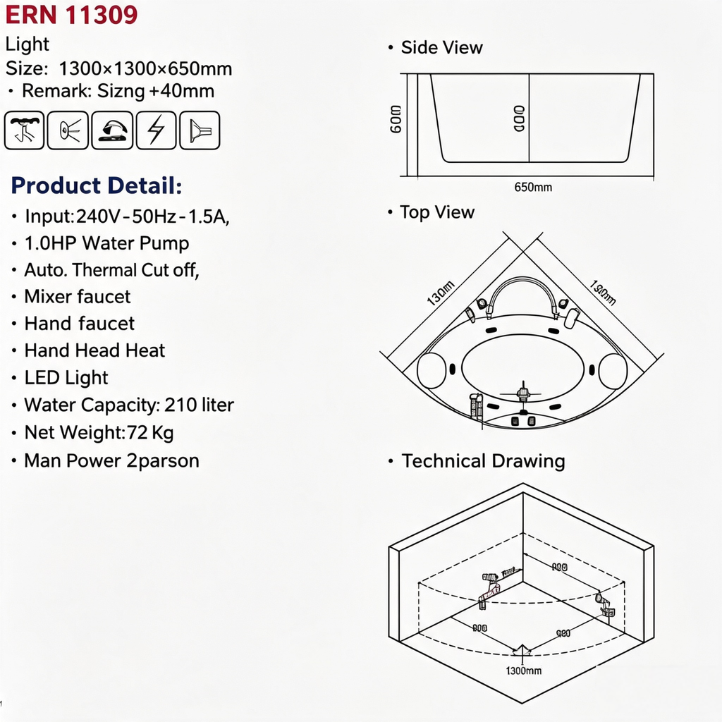 Eurano ERN 11309 Corner Whirlpool Bathtub 2-Person Spa Tub with Massage Jets, LED Lights & Hand Shower