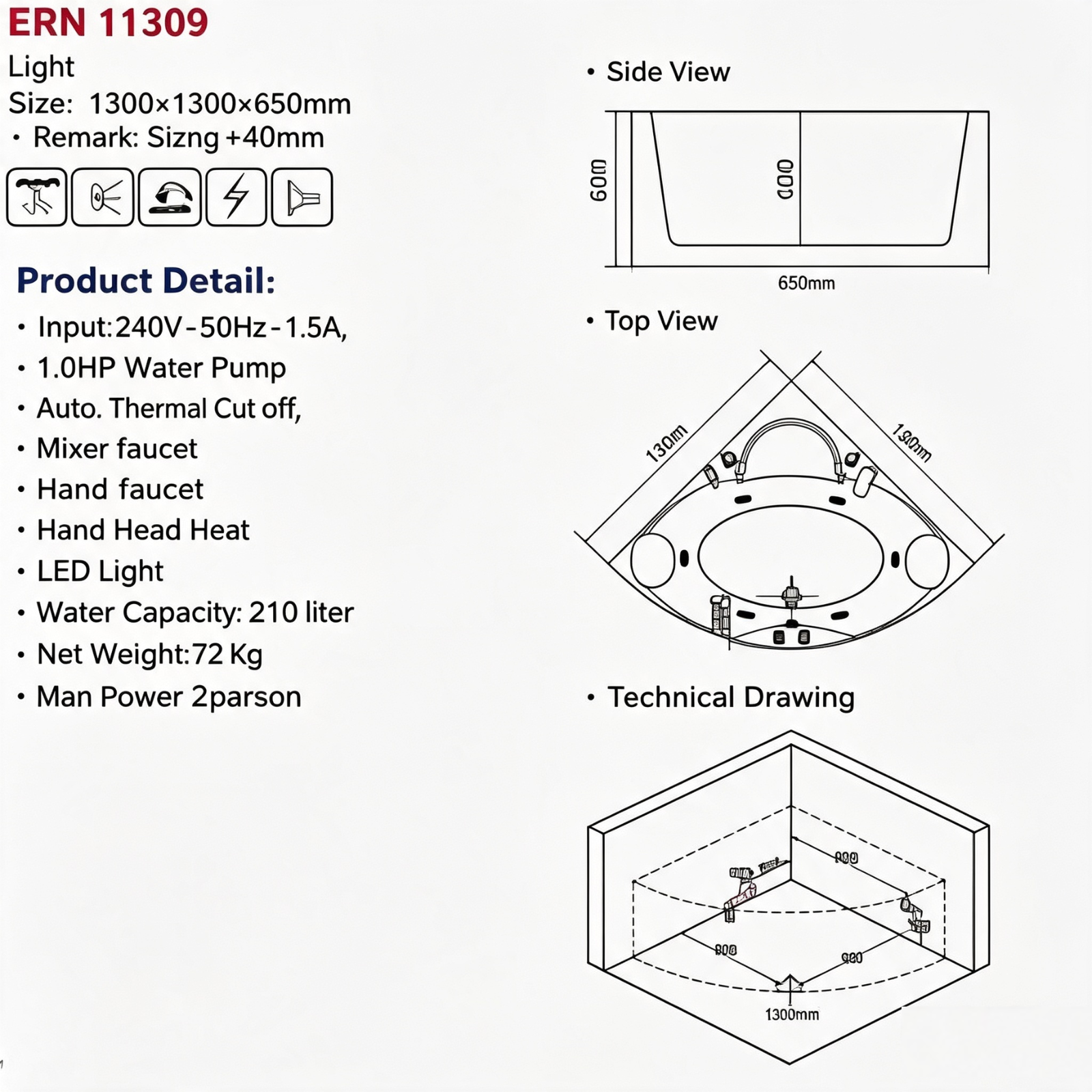 Eurano ERN 11309 Corner Whirlpool Bathtub 2-Person Spa Tub with Massage Jets, LED Lights & Hand Shower