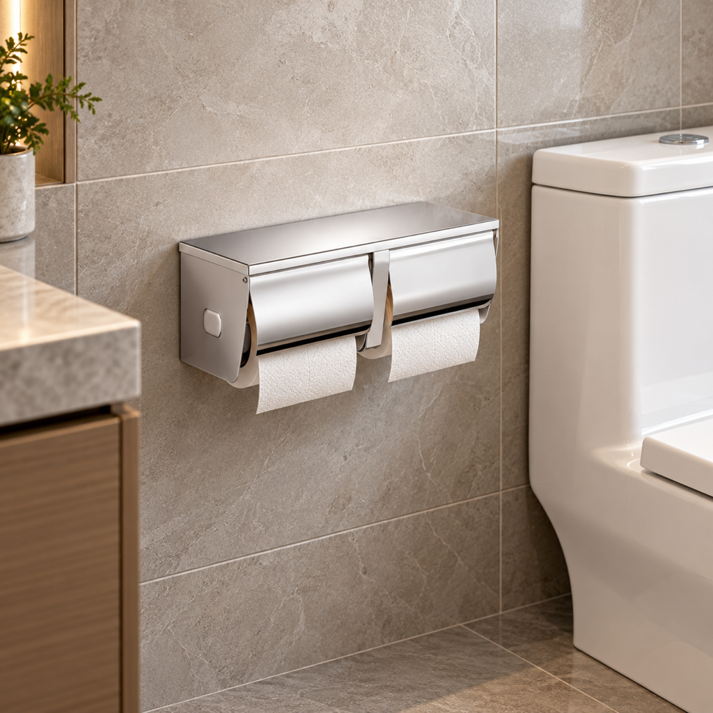 Onimi A139 270 × 95 × 100mm Stainless Steel 304 Anti-Splash Exposed Twin Toilet Paper Roll Holder – Wall Mounted