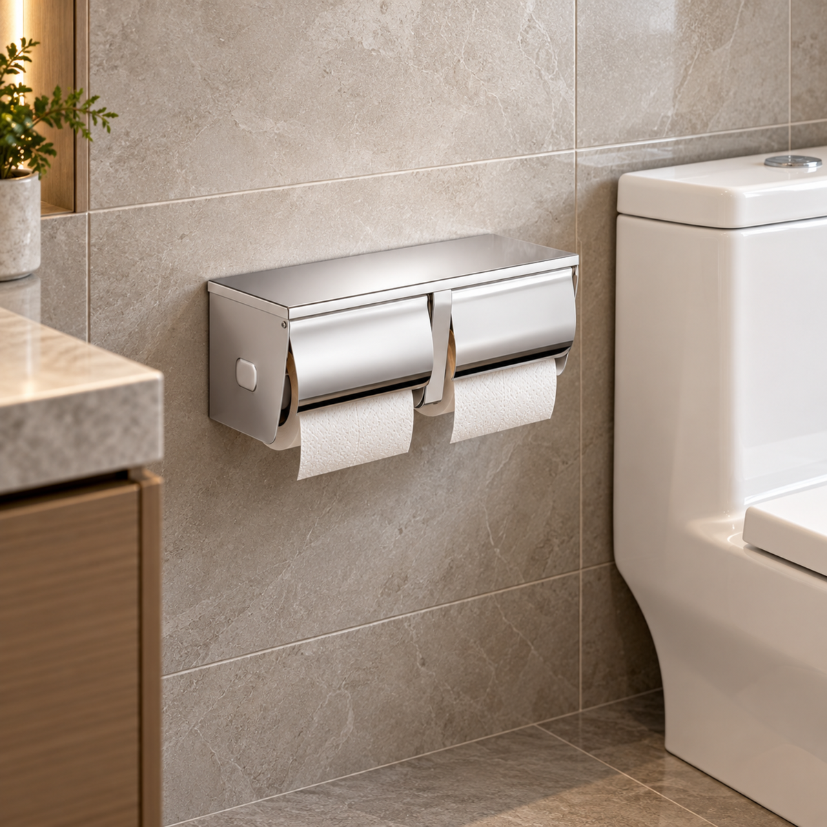 Onimi A139 270 × 95 × 100mm Stainless Steel 304 Anti-Splash Exposed Twin Toilet Paper Roll Holder – Wall Mounted