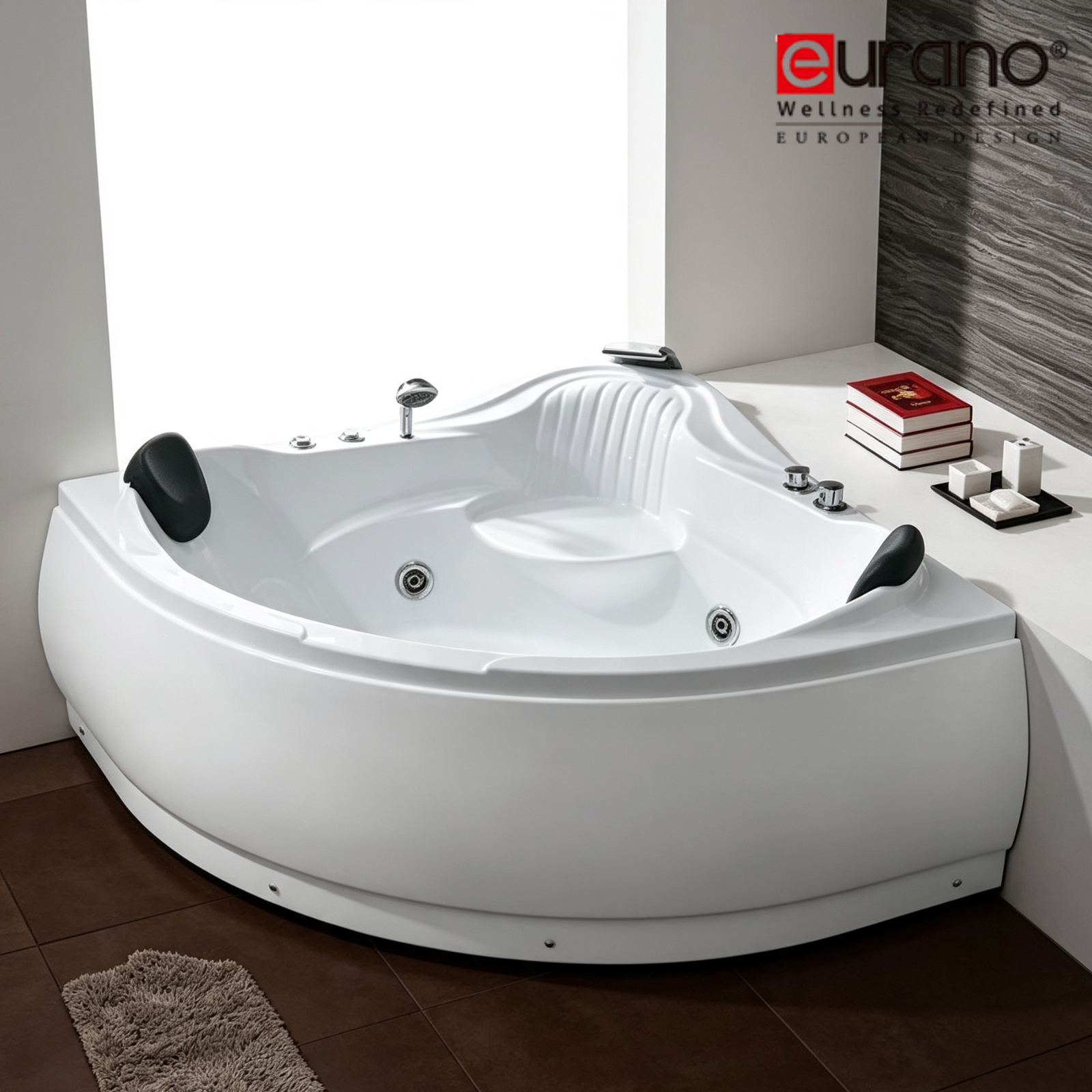 Eurano ERN 11333 Corner Whirlpool Bathtub 1500×1500×700mm  3-Person Spa Tub with Massage Jets, Bubble System, LED Light & Hand Shower