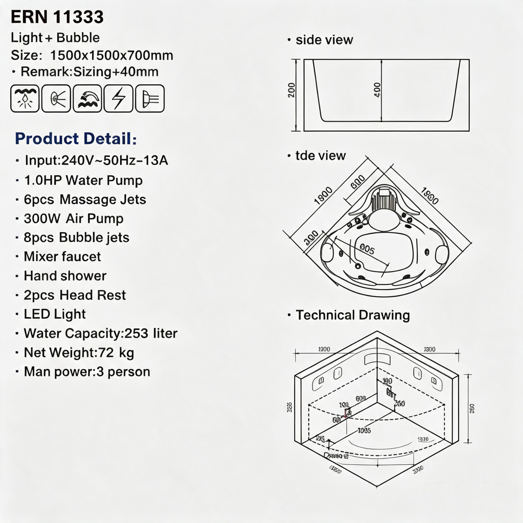 Eurano ERN 11333 Corner Whirlpool Bathtub 1500×1500×700mm  3-Person Spa Tub with Massage Jets, Bubble System, LED Light & Hand Shower