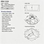 Eurano ERN 11333 Corner Whirlpool Bathtub 1500×1500×700mm  3-Person Spa Tub with Massage Jets, Bubble System, LED Light & Hand Shower