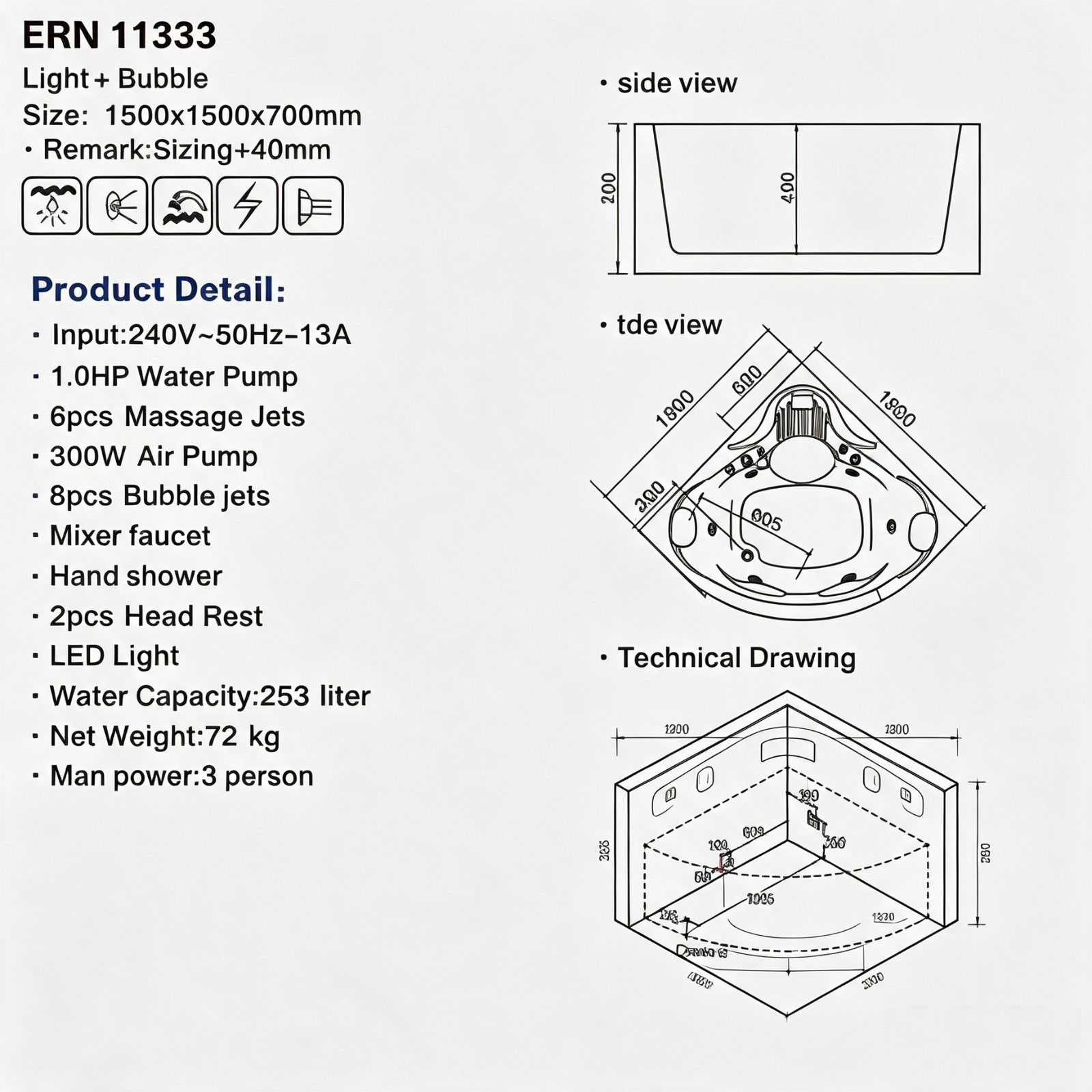 Eurano ERN 11333 Corner Whirlpool Bathtub 1500×1500×700mm  3-Person Spa Tub with Massage Jets, Bubble System, LED Light & Hand Shower