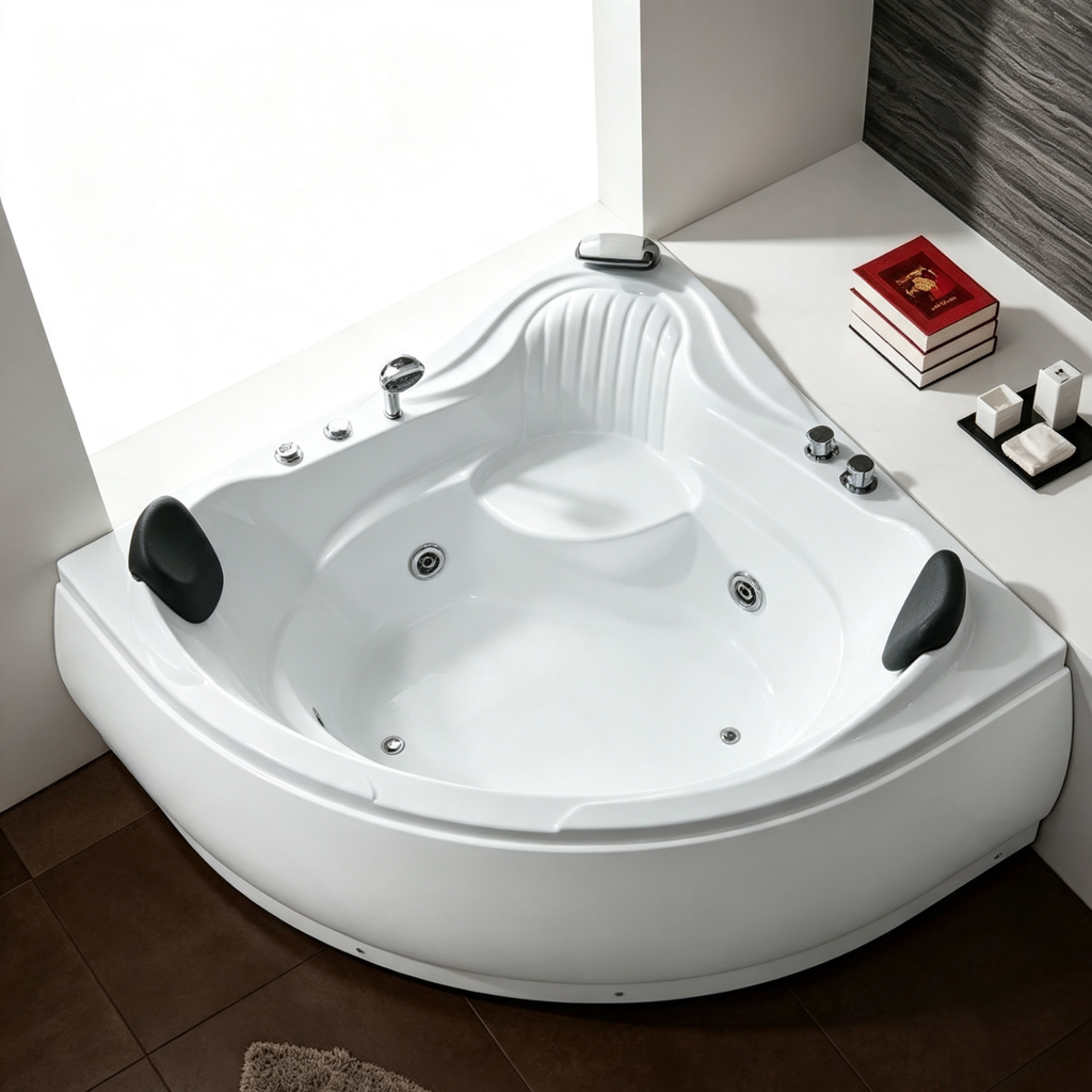 Eurano ERN 11333 Corner Whirlpool Bathtub 1500×1500×700mm  3-Person Spa Tub with Massage Jets, Bubble System, LED Light & Hand Shower