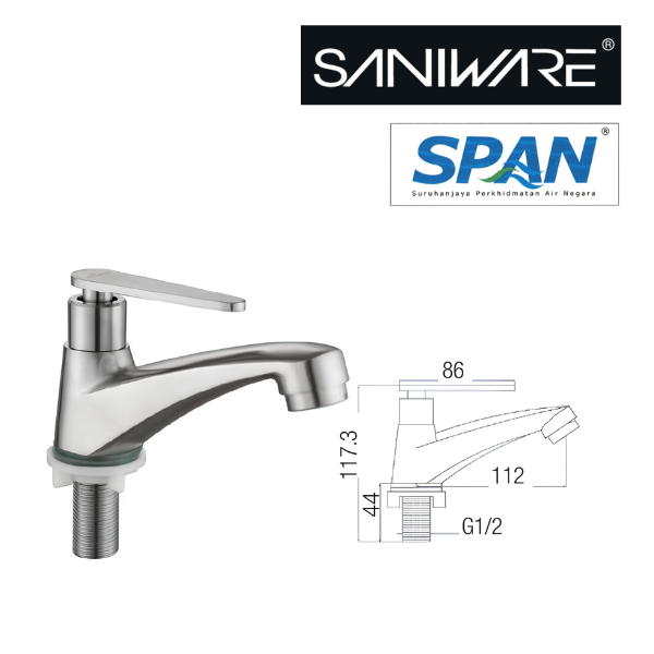 Saniware SWP-SS-304-60 304 Stainless Steel Basin Pillar Tap Brushed Silver Suitable for  Standard bathroom wash basins, countertop basins, powder rooms, guest bathrooms