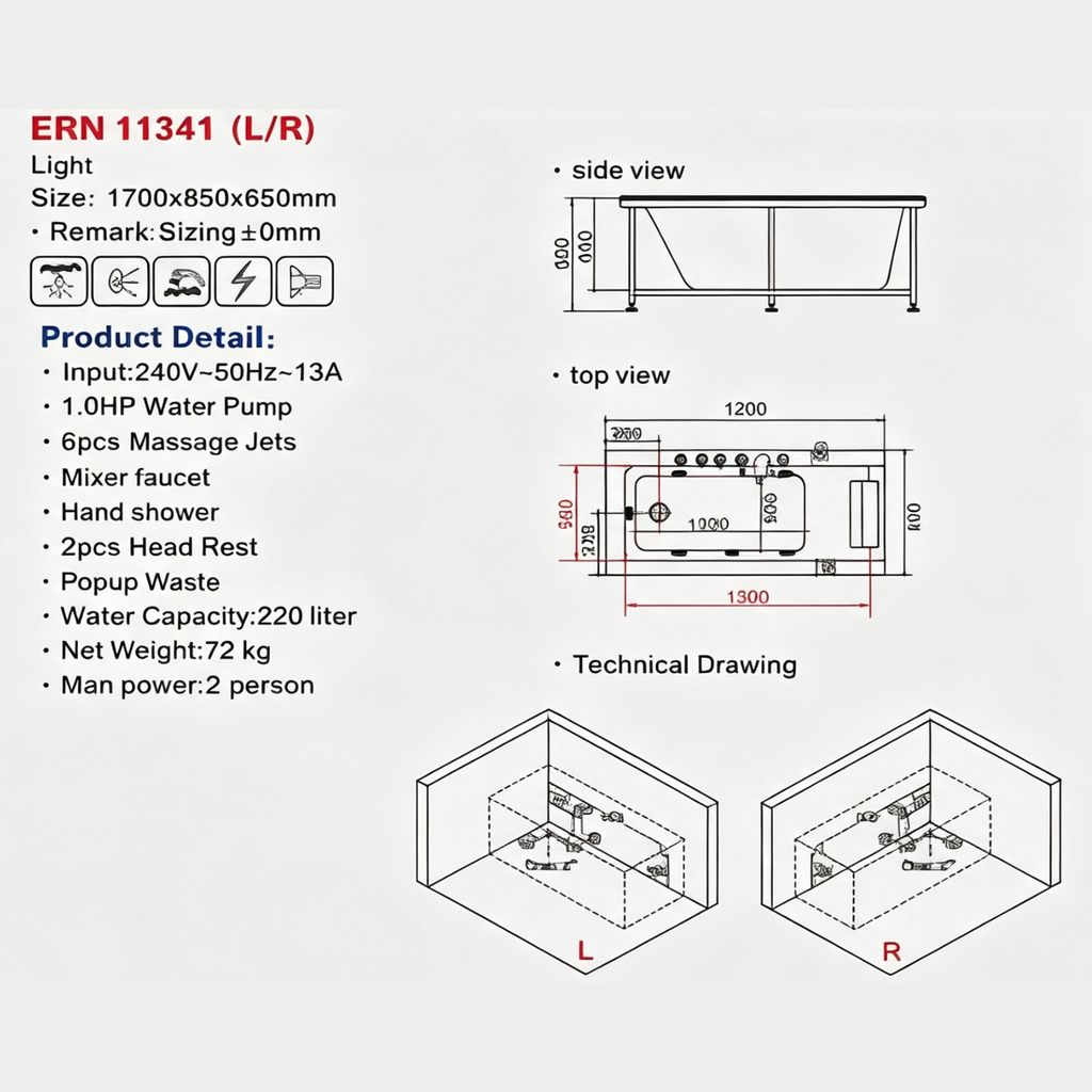 Eurano ERN 11341 (Left & Right) Whirlpool Bathtub 1700x850x650mm Left &amp; Right Skirt Options Massage Jets, LED Light, Faucet, and Headrest Included