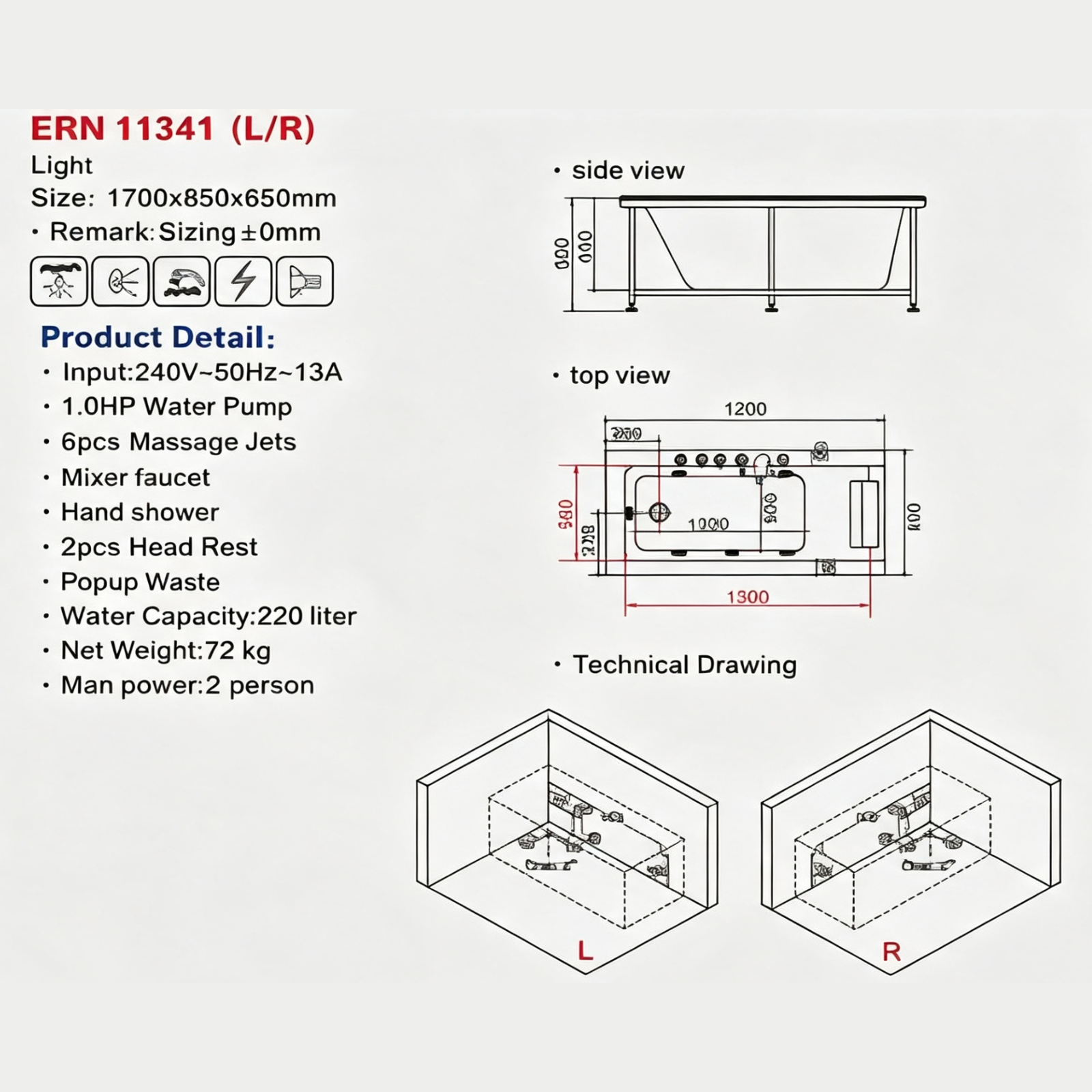 Eurano ERN 11341 (Left & Right) Whirlpool Bathtub 1700x850x650mm Left &amp; Right Skirt Options Massage Jets, LED Light, Faucet, and Headrest Included