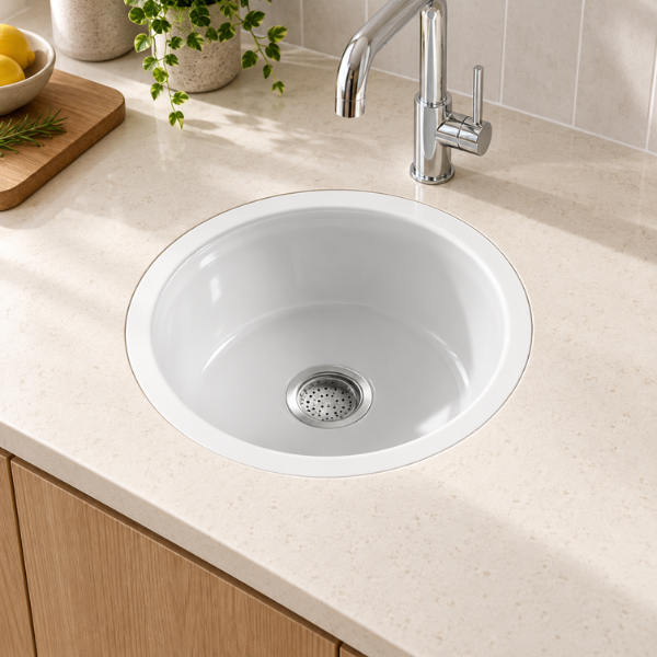 Cerravo Levanzo CL181809 460 × 460 × 230mm White Round Single Bowl Undermount or Flush Mount CL181809 Round Fireclay Ceramic Kitchen Sink