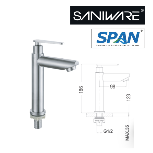 Saniware SWP-SS-304-61 304 Stainless Steel Tall Basin Pillar Tap – Brushed Silver Suitable for Countertop / above-counter basins, thick vanity tops, large vessel sinks
