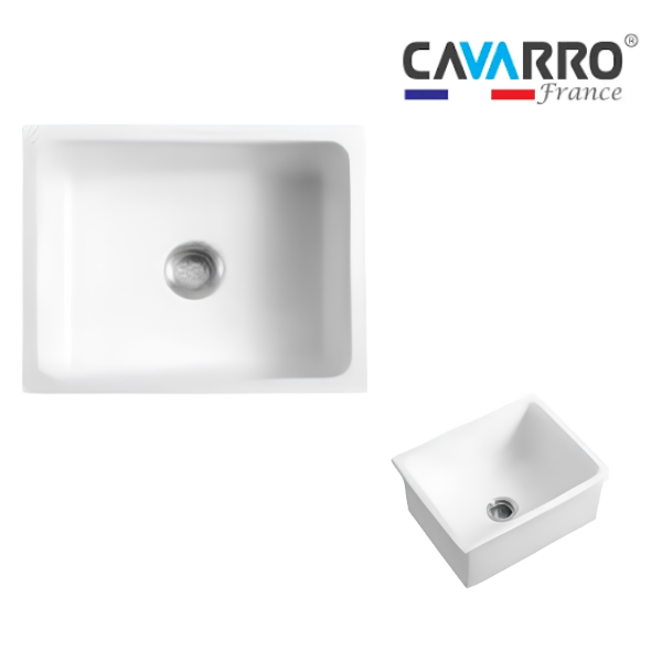 Cerravo Levanzo CL241810 600 × 470mm White Fireclay Rectangular Single Bowl Kitchen Sink Flush Mount or Undermount Ideal for Home Kitchens and Utility Rooms
