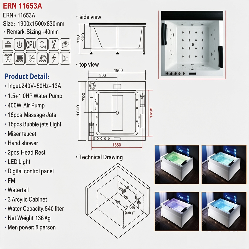 Eurano ERN 11653A 6-Person Whirlpool Bathtub (1900×1500×830mm) LED Hydrotherapy Massage Spa Tub with Air Jets, Waterfall & Digital Control