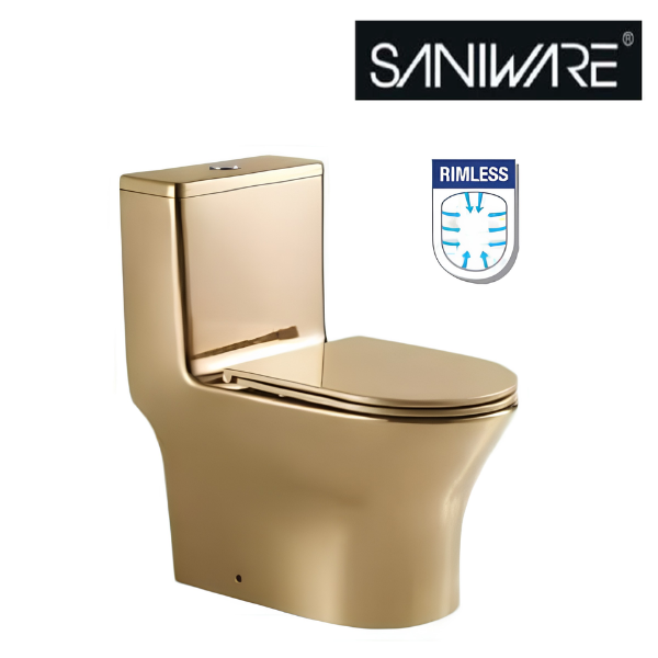 Saniware WC-9393-S250-G Gold 670mm Ceramic Gold One-Piece Washdown Toilet Sinki Tandas Bilik Mandi S-Trap 250mm Roughing-In For Bathroom Renovation & Luxury Homes
