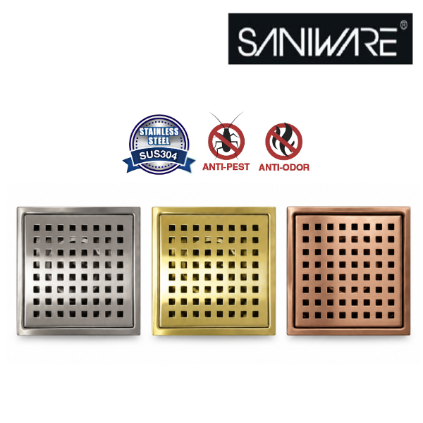SWFG SUS304 150x150mm Square Hole Floor Grating Anti-Odor Anti-Pest Stainless Steel Bathroom Floor Trap Drain – Stainless Steel / Gold / Rose Gold