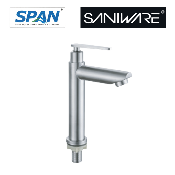 Saniware SWP-SS-304-61 304 Stainless Steel Tall Basin Pillar Tap Brushed Silver Suitable for Countertop / above-counter basins, thick vanity tops, large vessel sinks