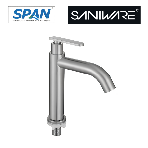 Saniware SWS-304-2859 304 Stainless Steel Tall Basin Pillar Tap Brushed Silver Suitable for Raised countertop basins, vessel sinks, contemporary bathroom setups
