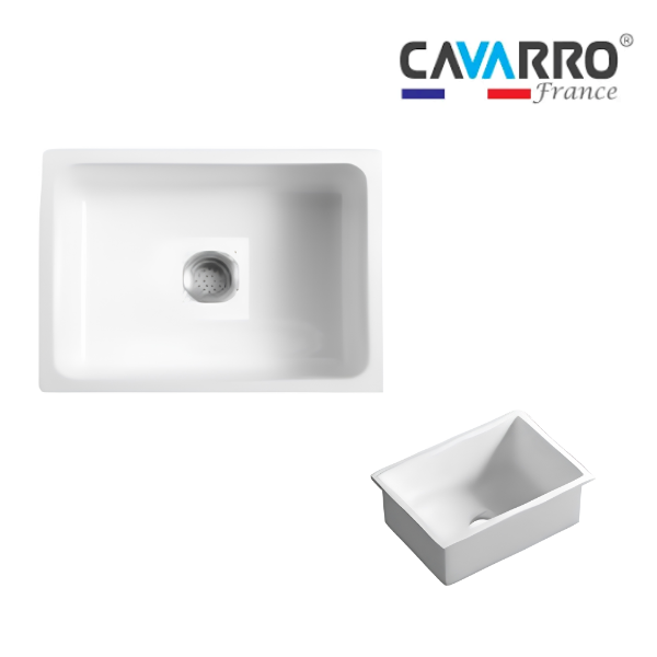 Cavarro Levanzo CL271910 685 × 483mm White Fireclay Rectangular Single Bowl Kitchen Sink Flush Mount or Undermount Ideal for Family Kitchens and Utility Rooms