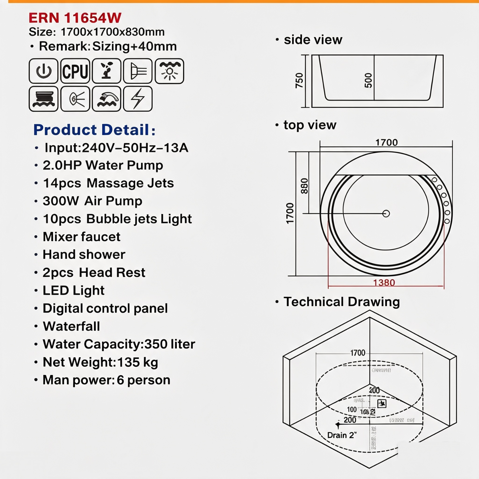 Eurano ERN 11654W Luxury 6-Person Whirlpool Bathtub (1700×1700×830mm) LED Hydrotherapy Massage Spa Tub with Air Jets, Waterfall & Digital Control