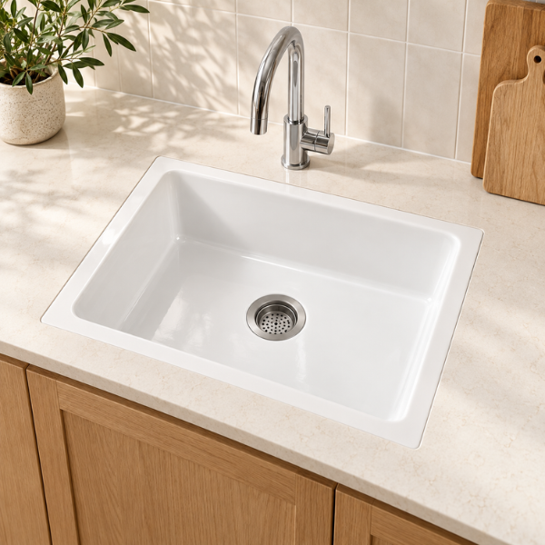 Cavarro Levanzo CL271910 685 × 483mm White Fireclay Rectangular Single Bowl Kitchen Sink Flush Mount or Undermount Ideal for Family Kitchens and Utility Rooms