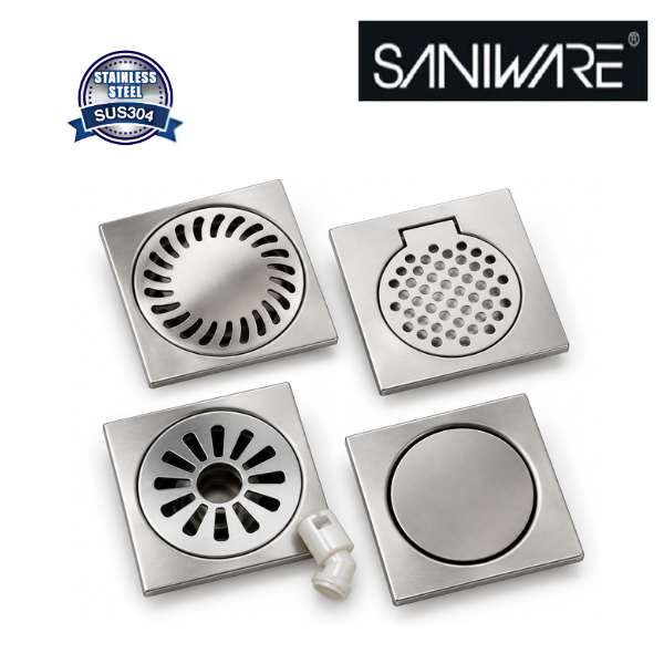 SWFG SUS304 Stainless Steel 150x150mm Bathroom Floor Grating Floor Trap Drain Cover Shower Waste Grate – 4 Designs / Washing Machine Outlet Option