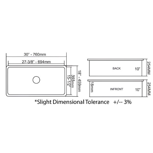 Cavarro Levanzo CL301810 760 × 459mm White Fireclay Rectangular Single Bowl Kitchen Sink Flush Mount or Undermount Ideal for Family Kitchens and Utility Rooms