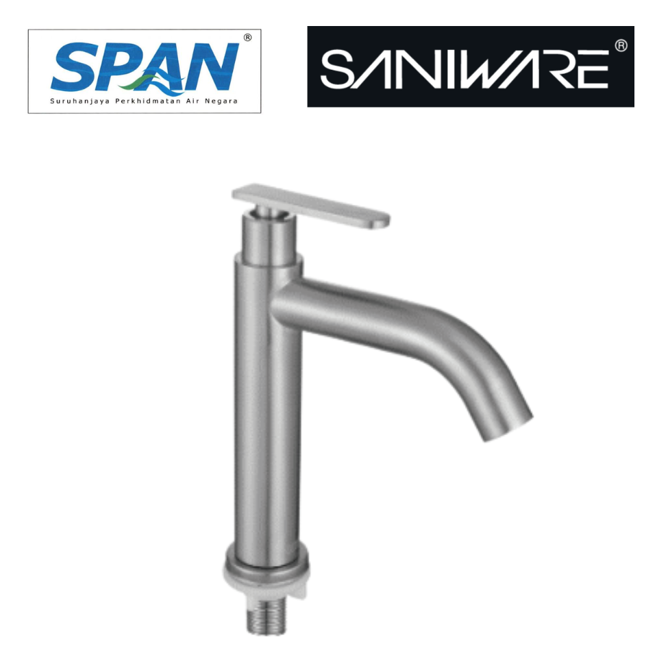 Saniware SWS-304-2861 Stainless Steel 304 Basin Pillar Tap Brushed Silver Suitable for Standard bathroom basins, vanity sinks, powder rooms, budget renovation projects