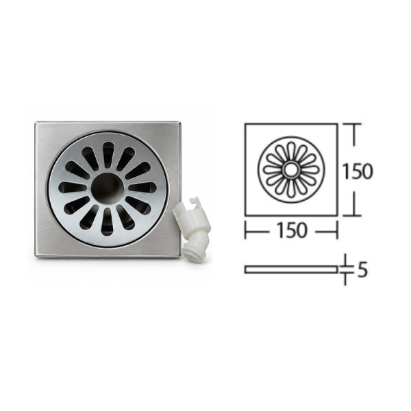 Saniware SUS304 Stainless Steel 150x150mm Bathroom Floor Grating Floor Trap Drain Cover Shower Waste Grate – 4 Designs / Washing Machine Outlet Option