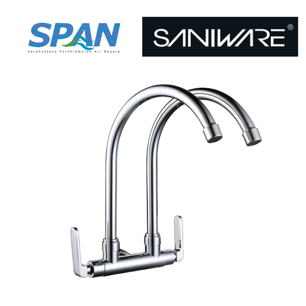 Saniware SWP-BR-3362 Chrome Double Spout Kitchen Wall Sink Tap Suitable for: Kitchen Sinks, Utility Areas and Washing Points Requiring Two Outlets