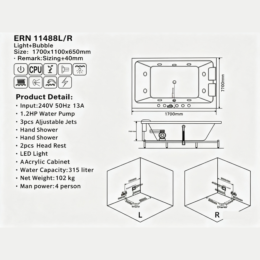 Eurano ERN 11488L/R (1100×650mm) LED Hydrotherapy Massage Spa Tub with Air Jets & Digital Control