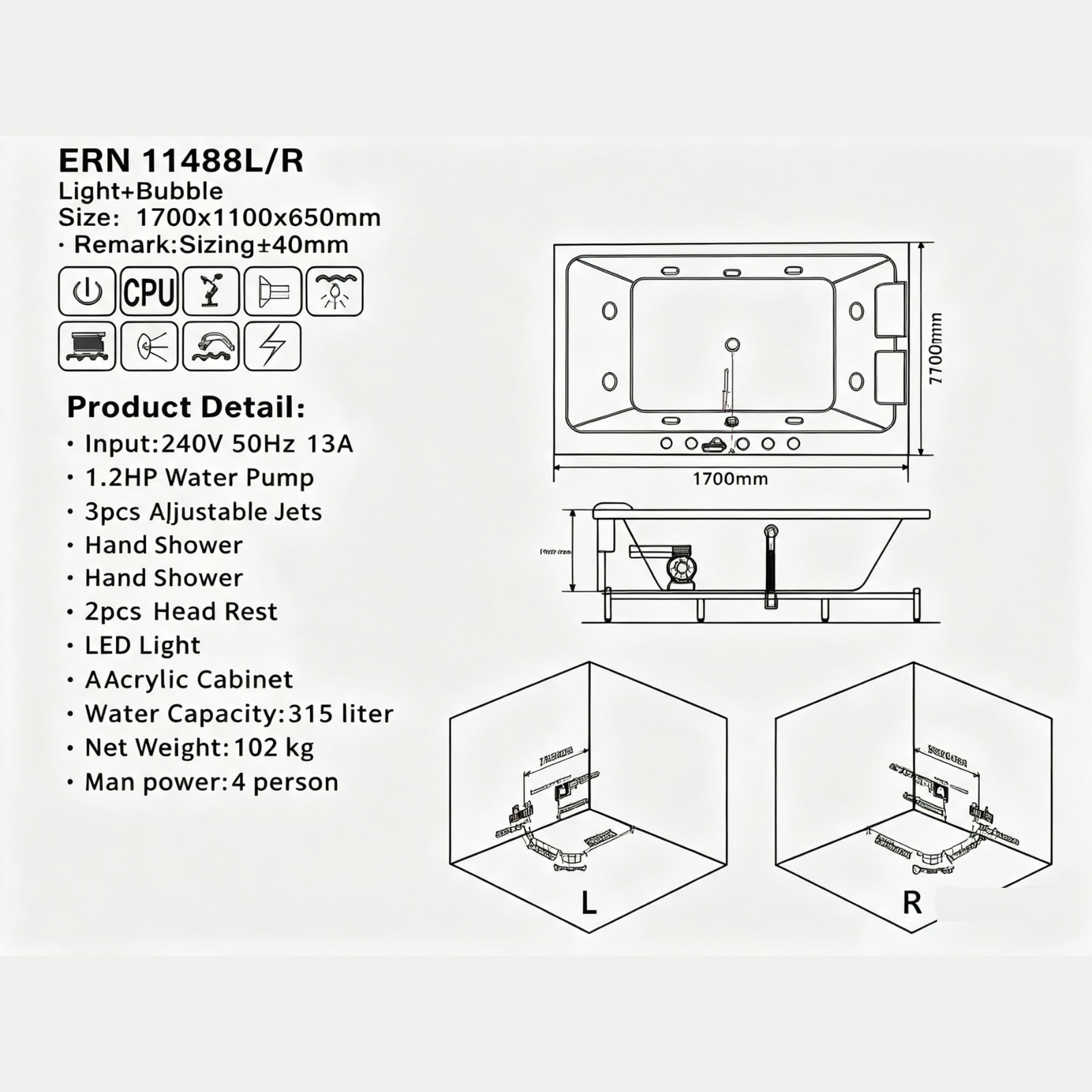 Eurano ERN 11488L/R (1100×650mm) LED Hydrotherapy Massage Spa Tub with Air Jets & Digital Control