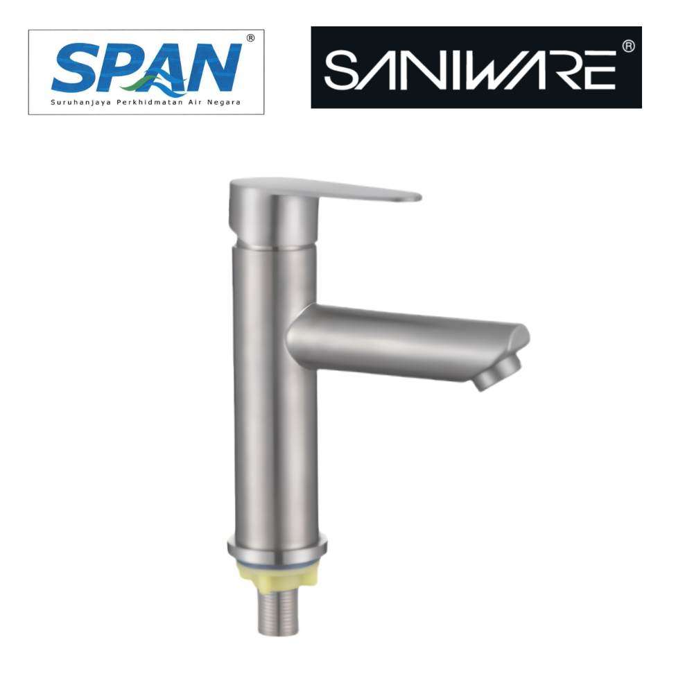 Saniware SWP-SS-304-58 304 Stainless Steel Basin Pillar Tap Brushed Silver Suitable for Countertop basins, medium-height vessel sinks, modern vanity units